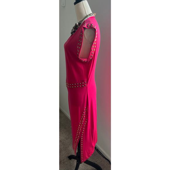 NWT Michael Kors Deep Pink Astor Studded Side Slit Short Sleeve MIDI Dress 1X - Picture 2 of 8